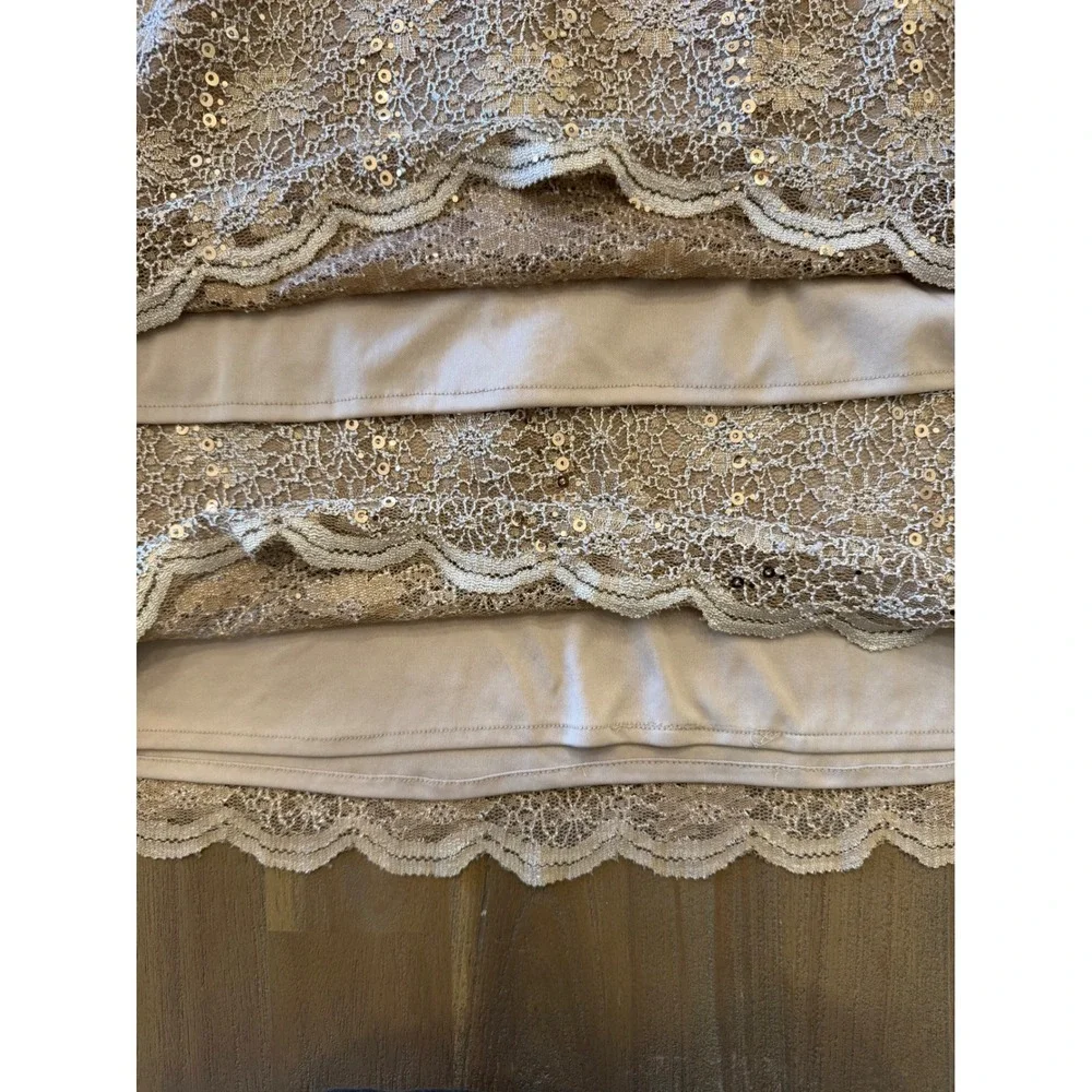 Alex‎ Evenings Petite Sequin Floral Lace Tiered Sheath Dress Taupe Beige 14P